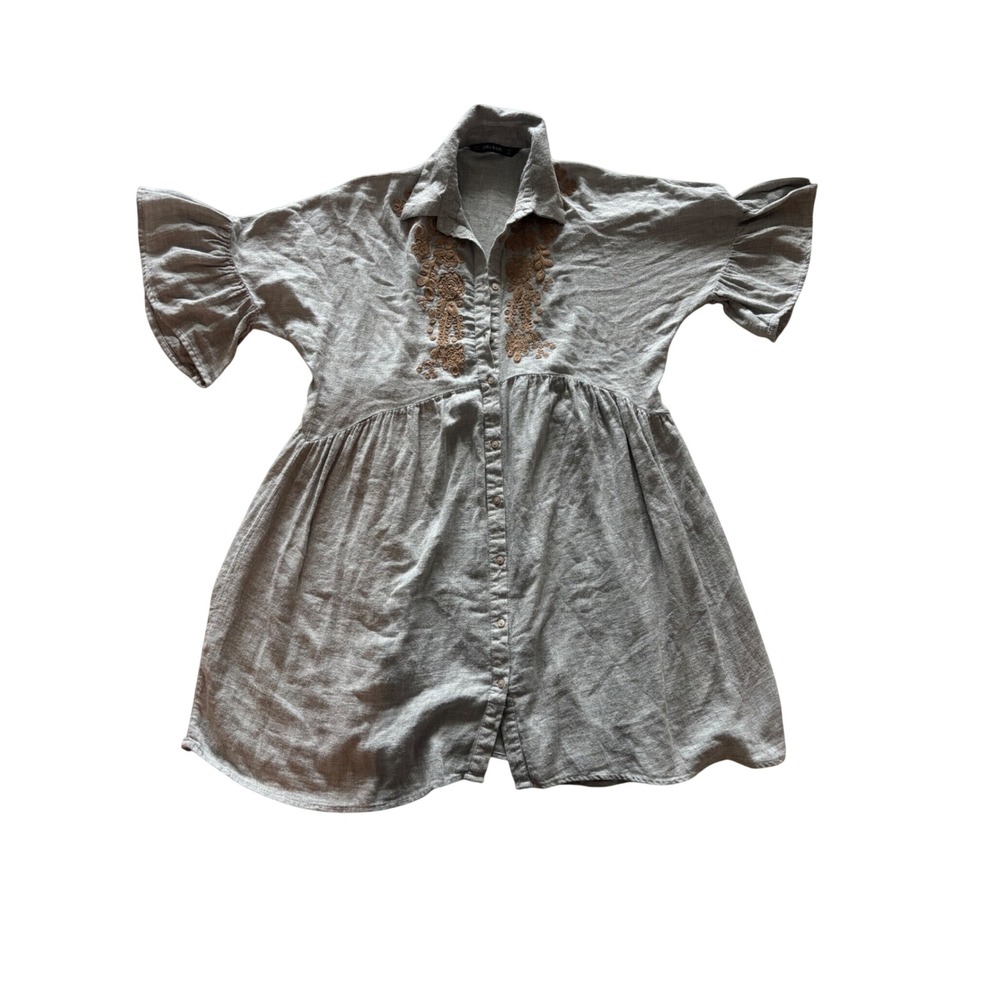 Zara Basic Grey Embroidered Linen Blend Button Down Babydoll boho XS